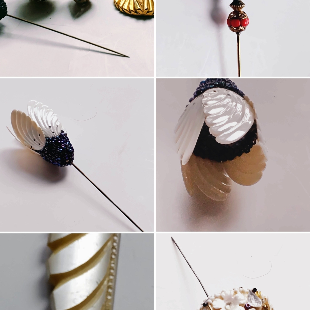 Vintage  6 Hat Pins Varied Shapes , Gold Plated, Plastic, Beautifully Designed.